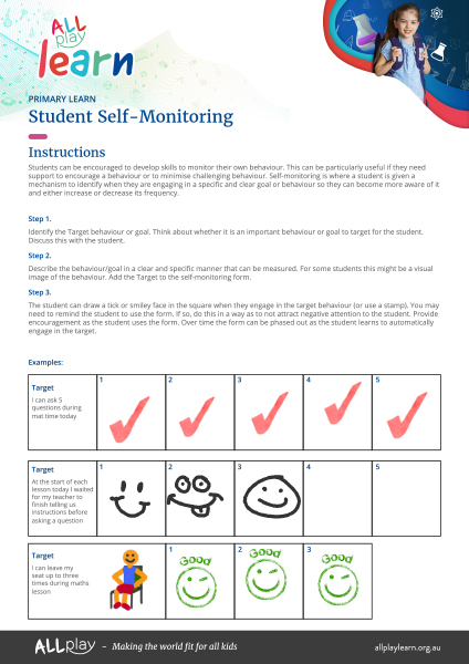 Thumbnail image of AllPlay Learn's Primary Student Self-Monitoring form