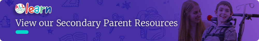 Link to AllPlay Learn Secondary Parent Resources page button with mother and son with disability in right side background
