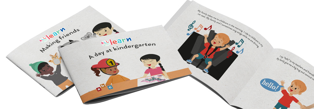 Photo showing the cover and inside of three of the AllPlay Learn stories for early years