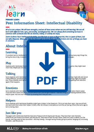 Link to AllPlay Learn's Primary Peer Information Sheet about Intellectual Disability