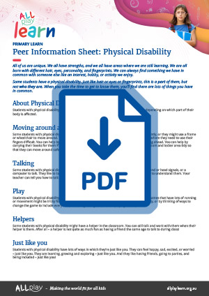Link to AllPlay Learn's Primary Peer Information Sheet about Physical Disability