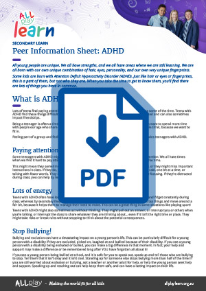 Link to AllPlay Learn's Secondary Peer Information Sheet for ADHD