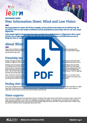 Link to AllPlay Learn's Secondary Peer Information Sheet for Blind and Low Vision