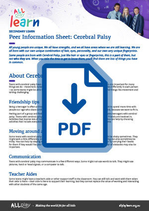 Link to AllPlay Learn's Secondary Peer Information Sheet for Cerebral Palsy
