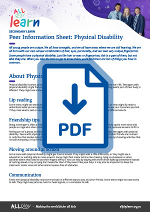 Link to AllPlay Learn's Secondary Peer Information Sheet for Physical Disability