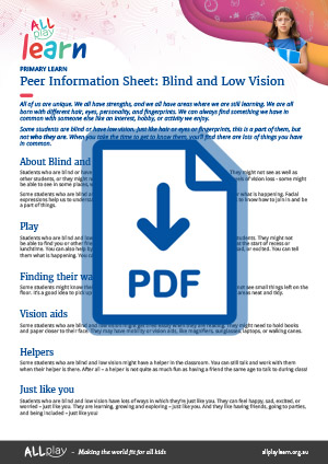 Link to AllPlay Learn's Primary Peer Information Sheet about Blind and Low Vision