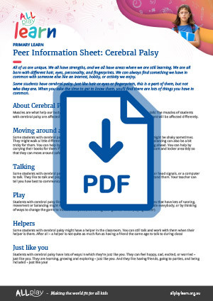 Link to AllPlay Learn's Primary Peer Information Sheet about Cerebral Palsy