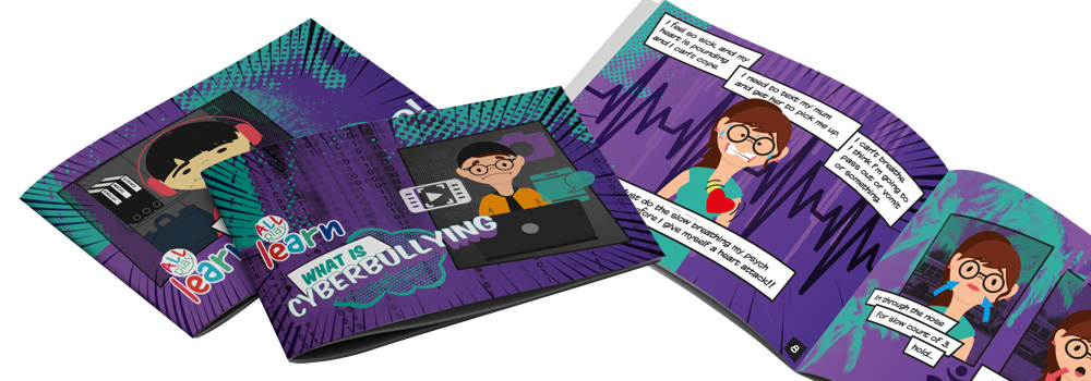 Photo showing the cover and inside of three of the AllPlay Learn stories for secondary school students